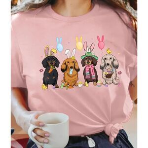 Women's Festive Easter Parade Easter Dog Print T-Shirt Short Sleeve Crew Neck XL